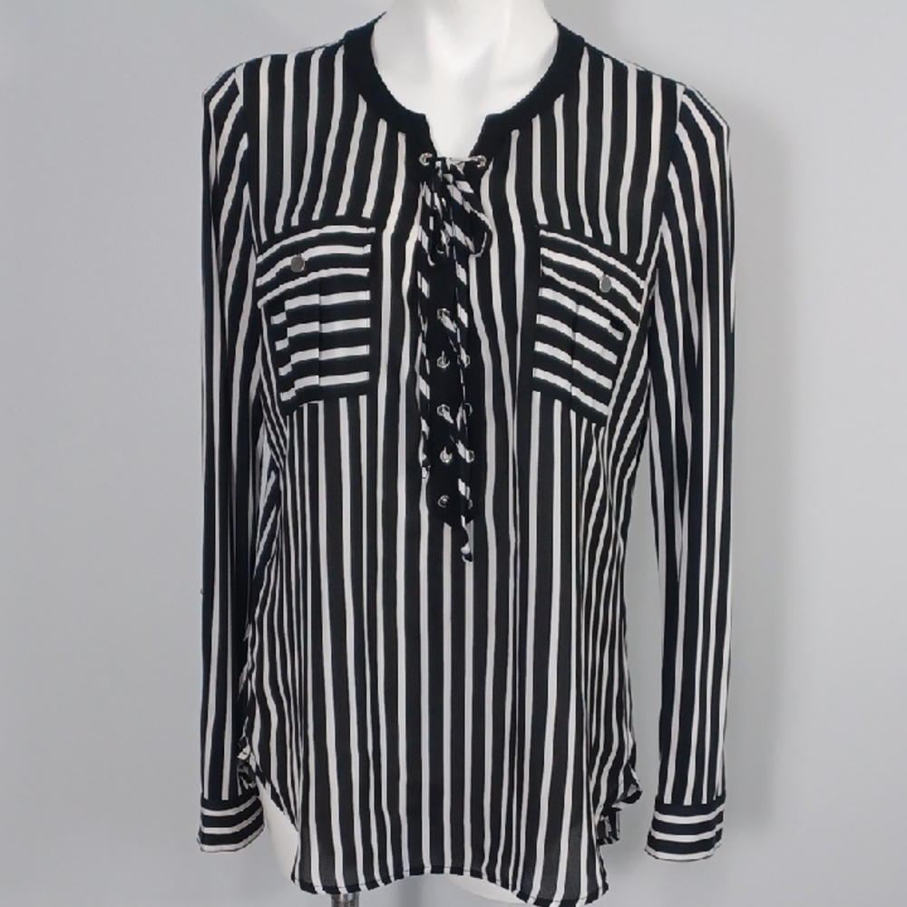 Medium striped blouse.  Nygard black & white top. String tie close. Lightweight